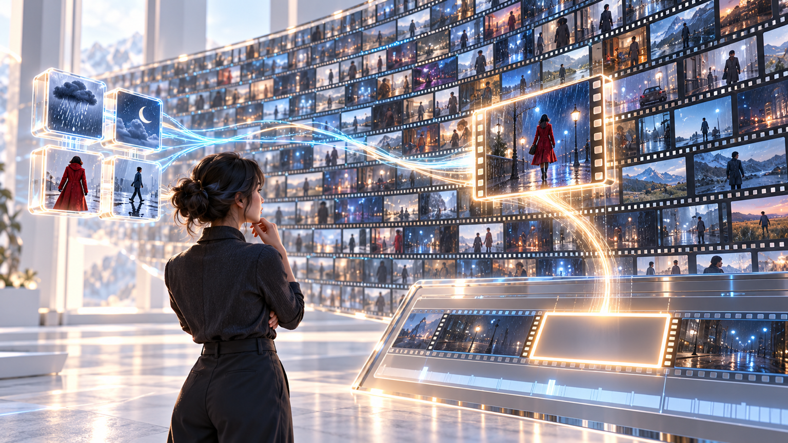 Visual concepts identify one exact rainy night shot inside an enormous existing archive and place it into a missing timeline slot.