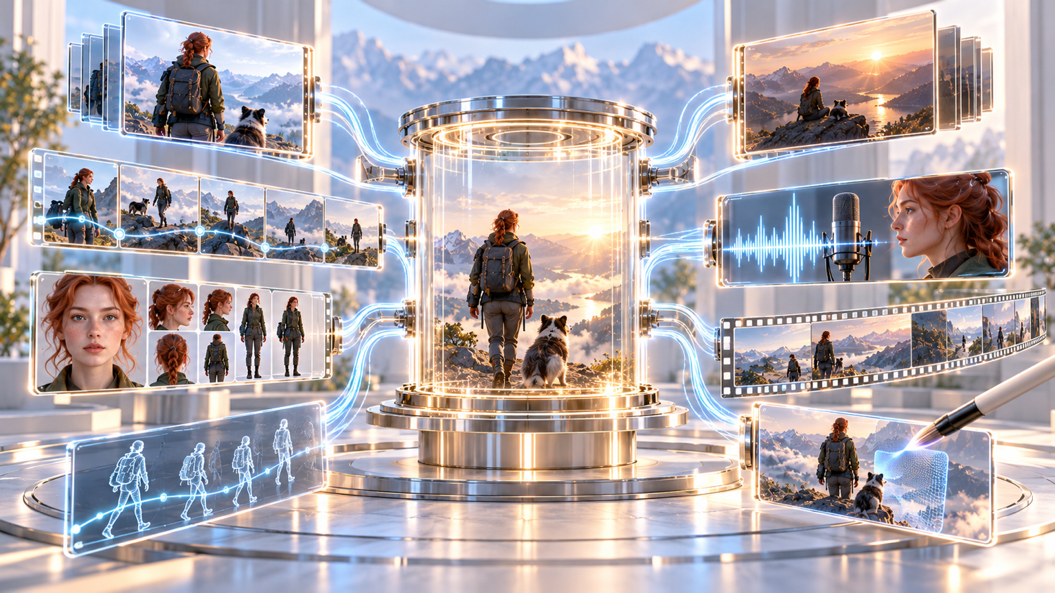 Start, end, keyframe, identity, motion, voice, continuation, and edit references converge into one controlled video result.