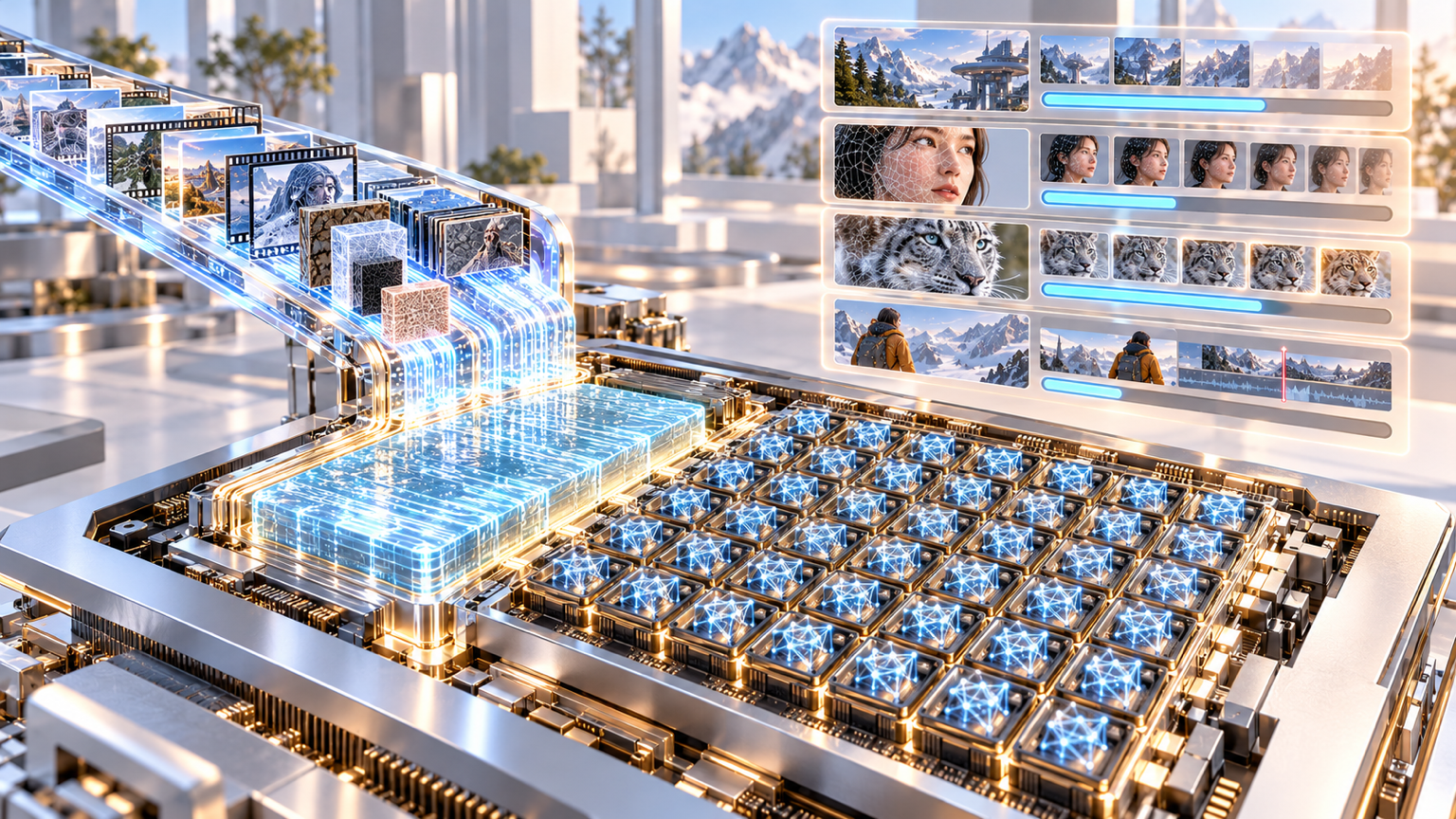Repeated neural accelerators fill every GPU cell while shared memory and a wide storage lane feed measured local creative jobs.