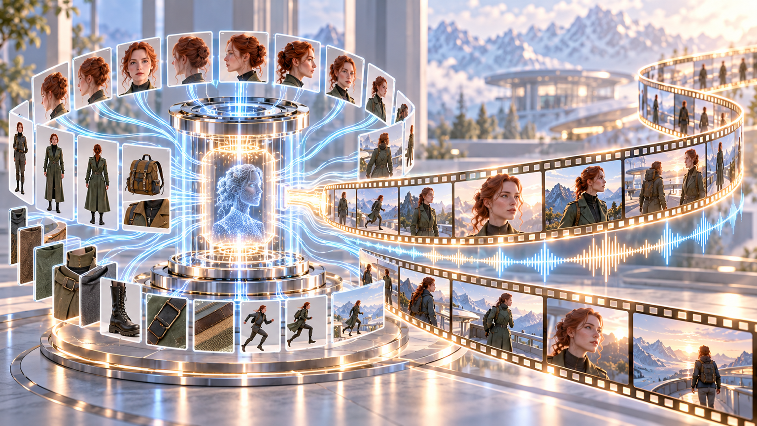 A dense organized ring of character, wardrobe, motion, and scene references travels as one request into a long synchronized output.