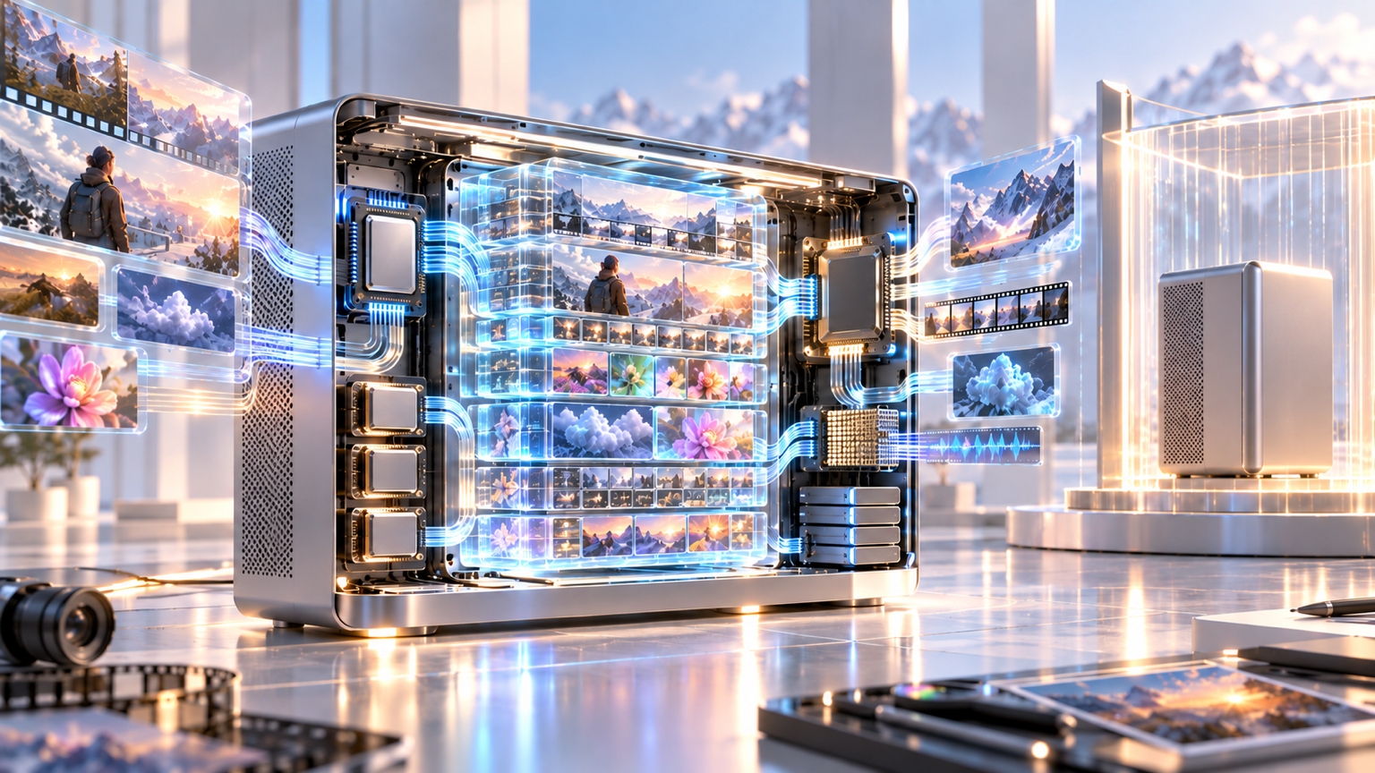 A compact local workstation opens onto a vast shared-memory reservoir holding large video and image workloads at once.