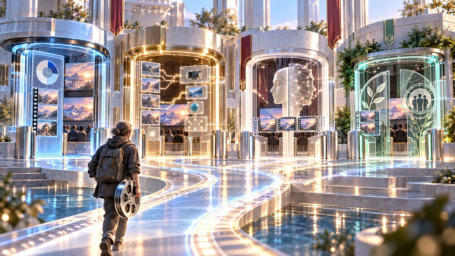One filmmaker follows a shared festival-week path through four venues with visibly different AI disclosure gates.