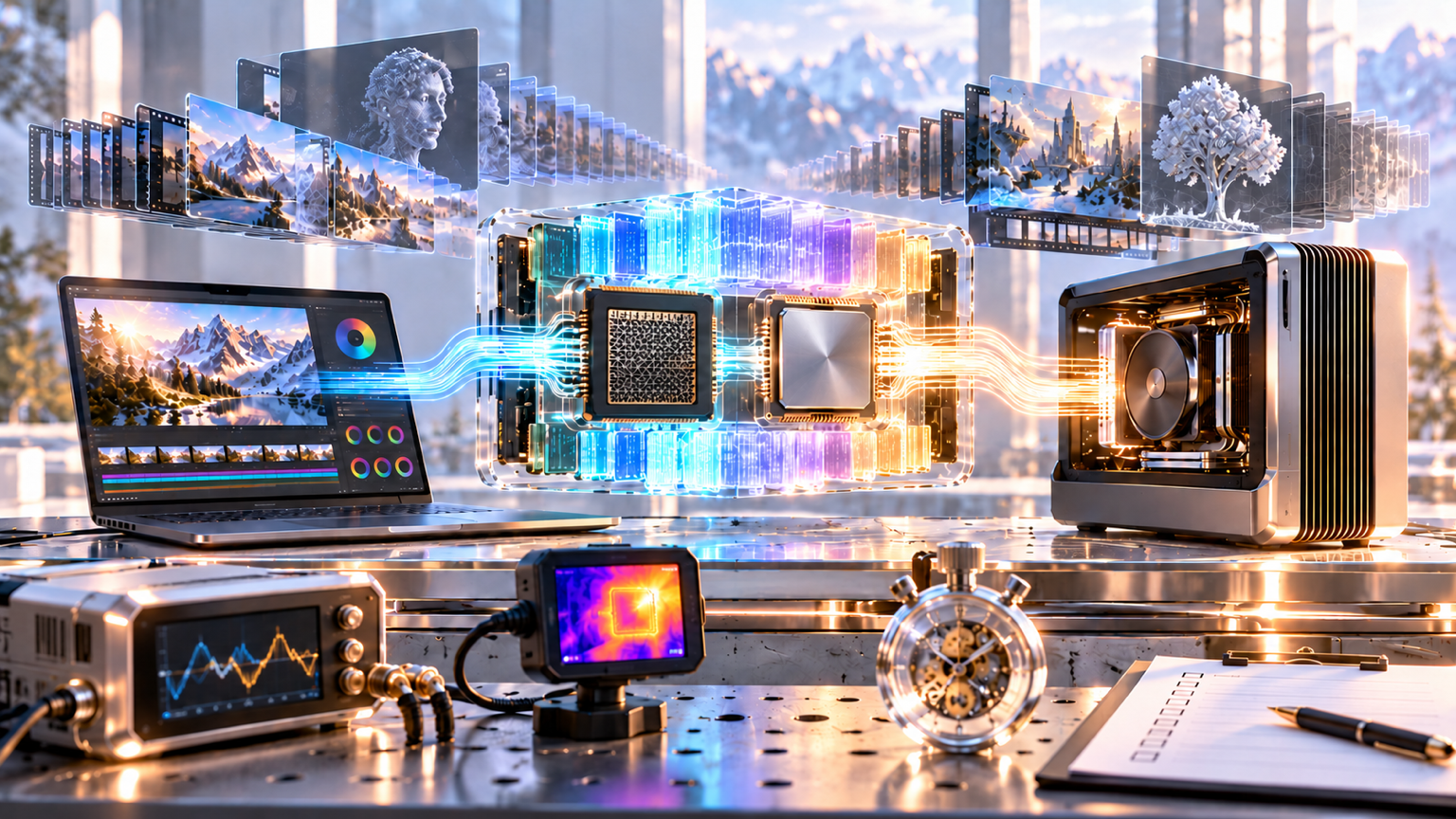 A laptop and compact desktop share a large-memory superchip architecture while promotional claims stop at an independent creator test bench.
