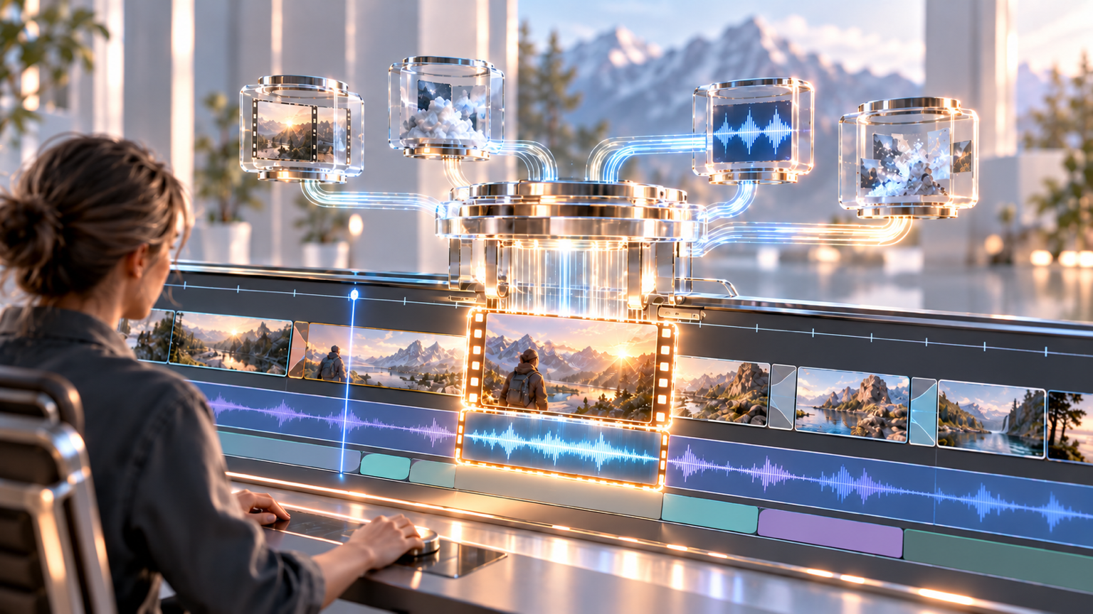 An embedded generation chamber fills an empty professional timeline slot with new video and synchronized sound.