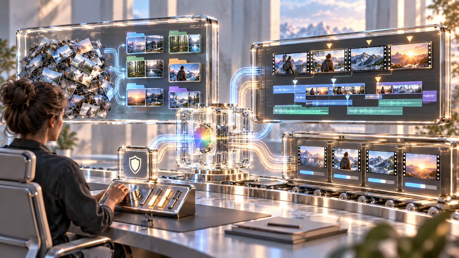 A guarded assistant core organizes media, proposes highlight cuts, and fills a render queue under explicit human permissions.