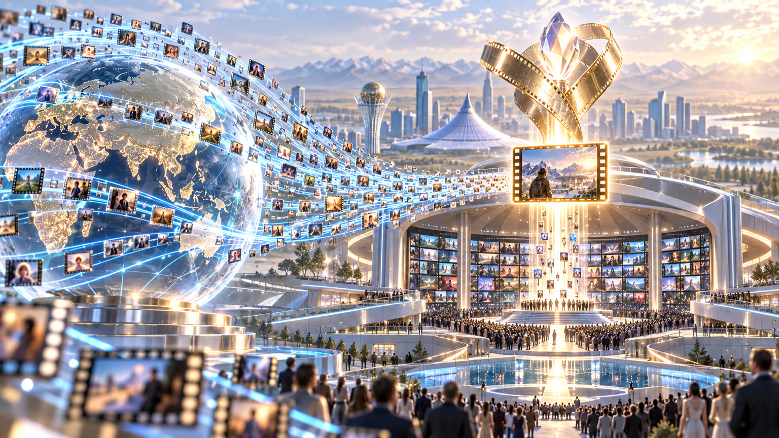 Thousands of international film frames converge on an Astana-inspired venue where one winner rises toward a monumental prize sculpture.