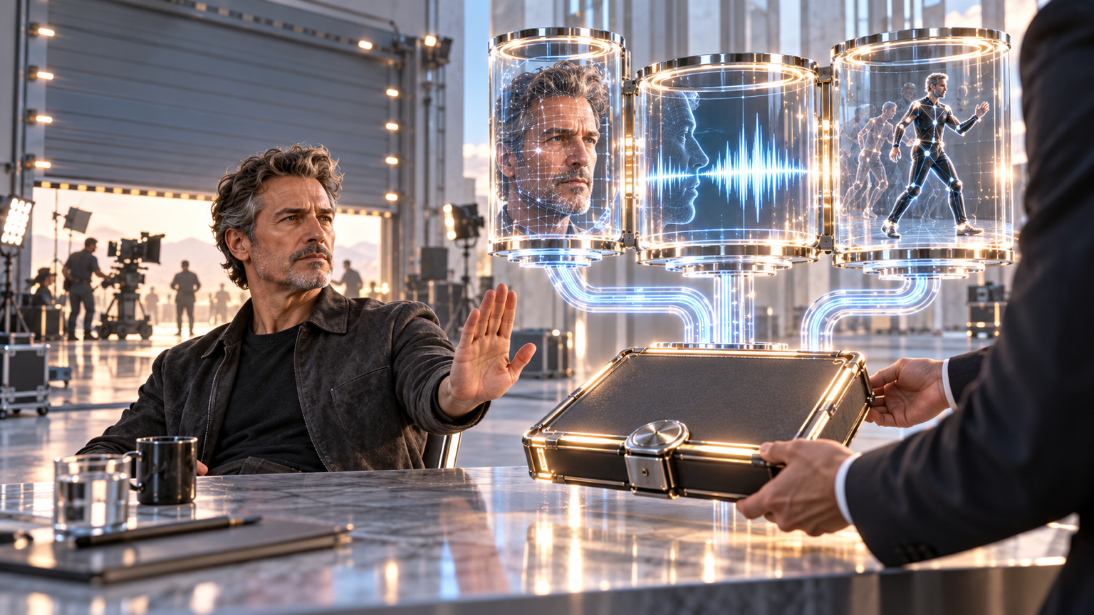 A performer refuses an opaque AI waiver while separate face, voice, and movement capture systems reveal what the agreement could surrender.