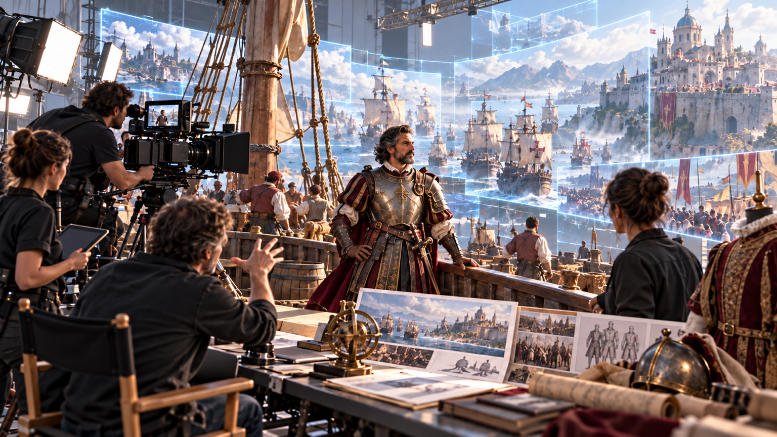 A practical historical performance and human camera crew remain central while AI expands the ship set into fleets, crowds, coast, and city.