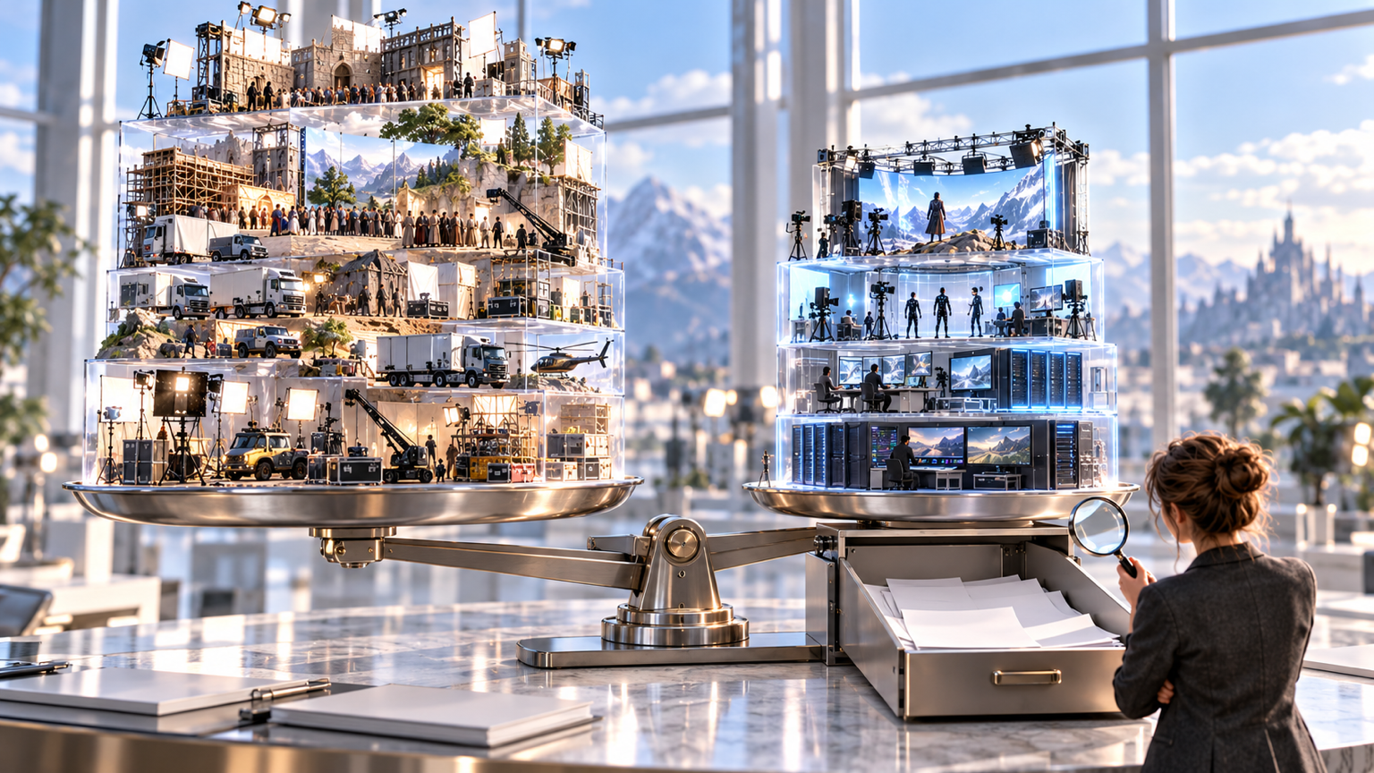 Conventional and AI-assisted production towers sit on the same scale above an accounting drawer whose blank sheets expose the missing itemization.