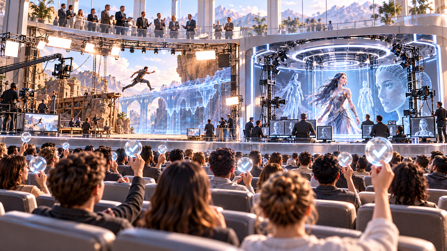 A theater audience compares practical human performance with AI-assisted effects against a synthetic lead while clear disclosure tokens remain raised in the foreground.