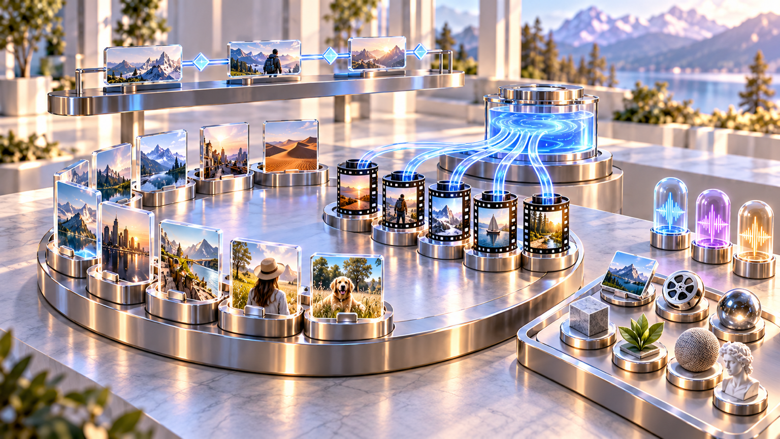 A fifteen-socket dock holds ten still references and five video cartridges while seven alternative element tokens, voice capsules, detached keyframes, and one shared video reservoir reveal the allocation tradeoffs.