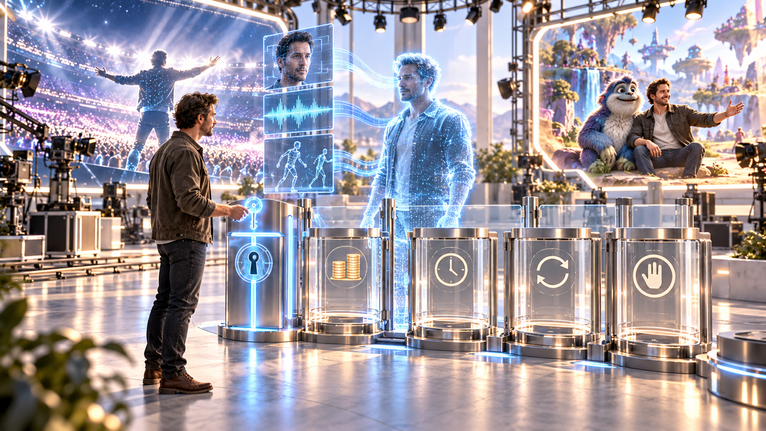 A fictional performer holds the activation key for his digital double while payment, duration, reuse, and revocation controls remain empty between it and future productions.