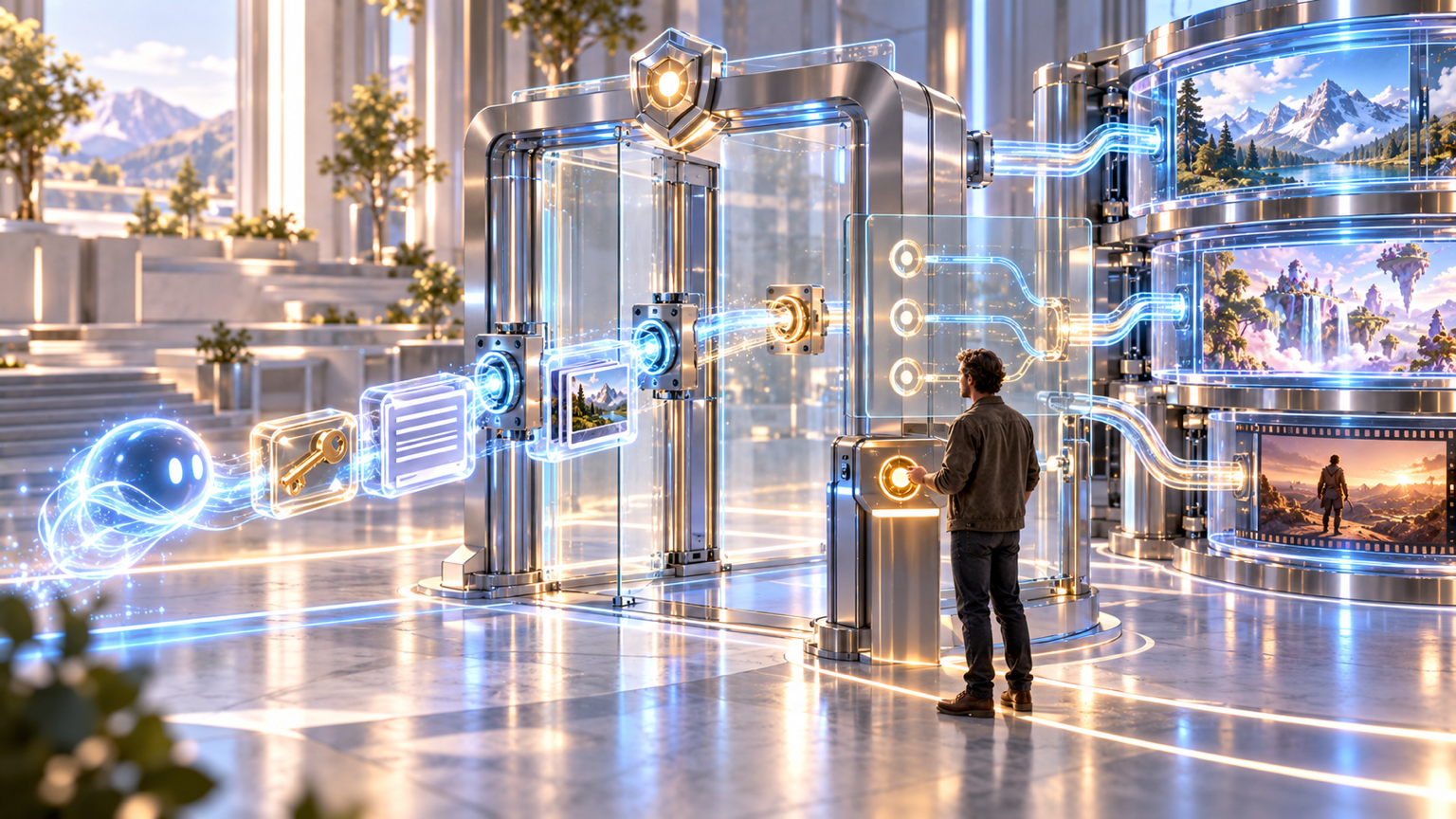 An assistant sends a key, structured prompt, and reference frame through a guarded gateway with scoped routes, audit controls, and human approval before hosted models can act.