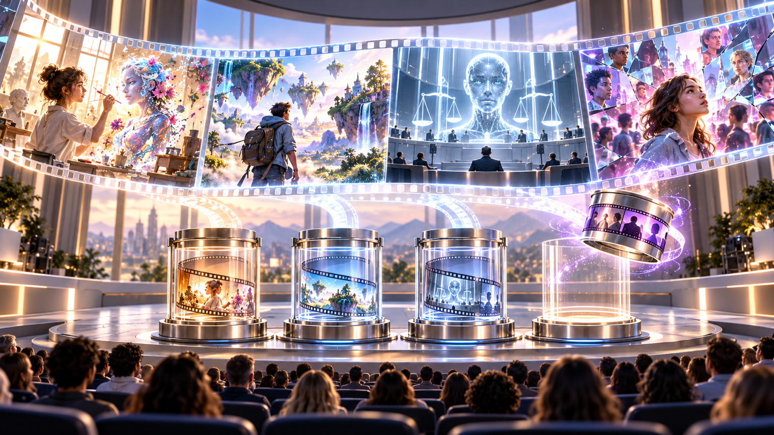 Four fictional AI-themed film worlds arrive together before one audience, with three seated in release sockets and the highlighted fourth floating above an undated opening.