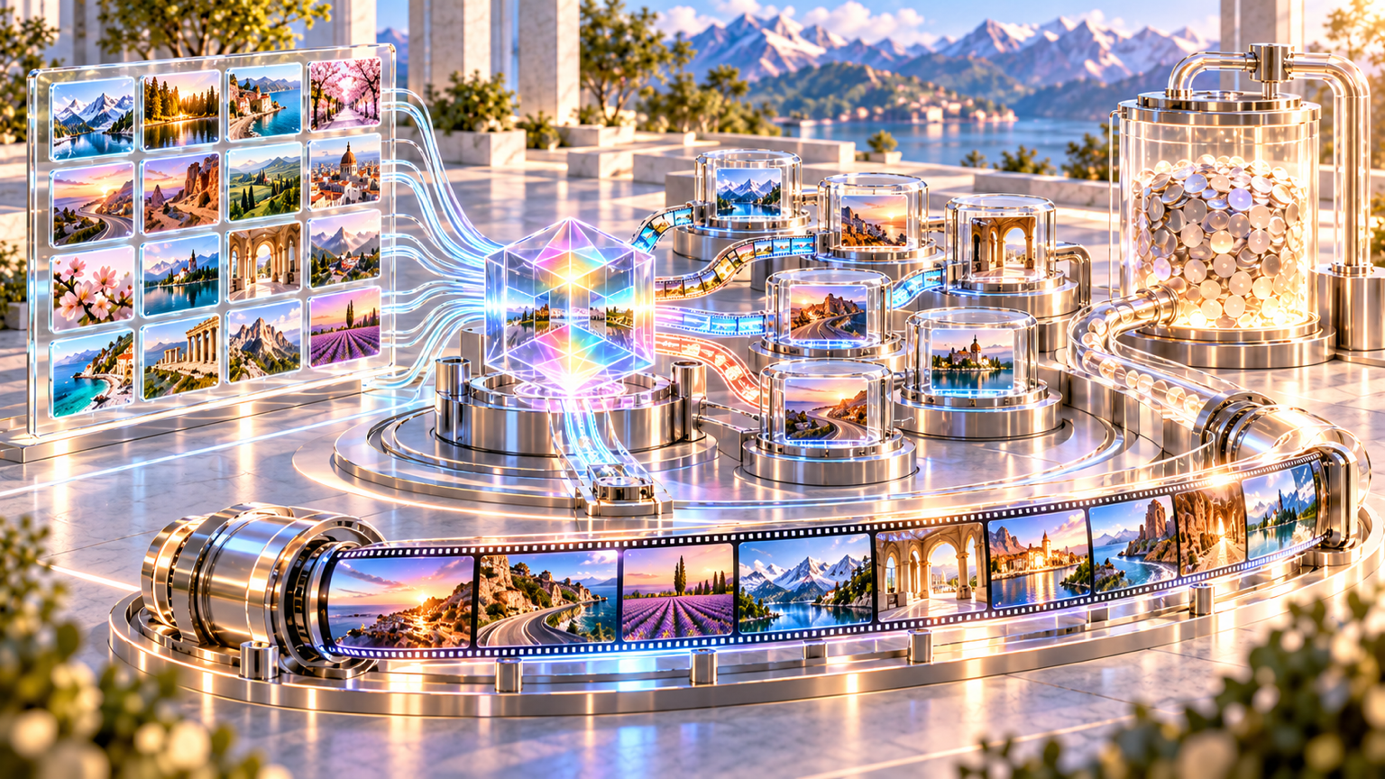 Sixteen references feed an automated planning prism that builds many shot chambers into one exceptionally long reel powered by a large promotional-credit reservoir.