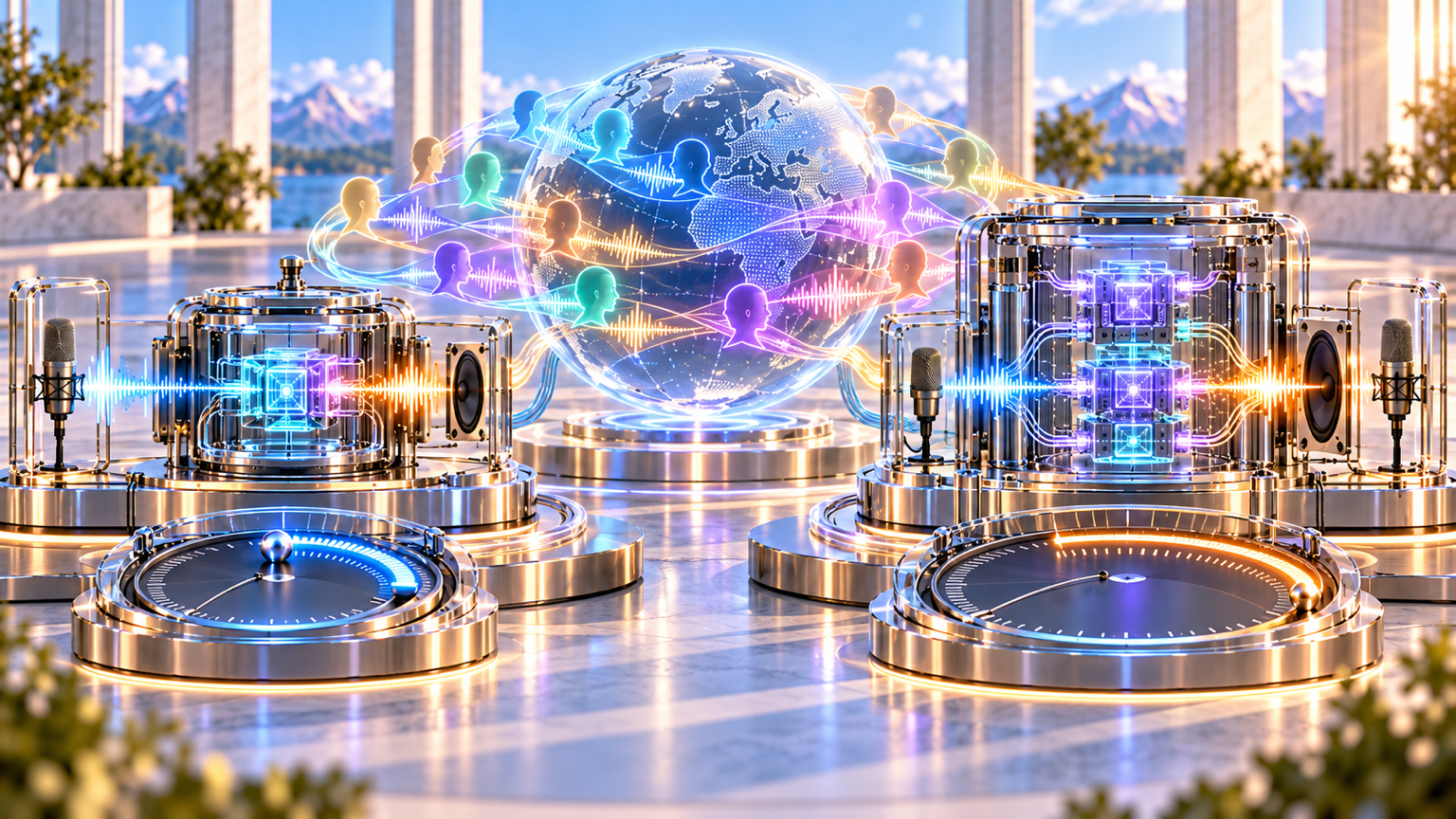 Two multilingual realtime voice engines share a broad language sphere while separate timing instruments return visibly different latency measurements.