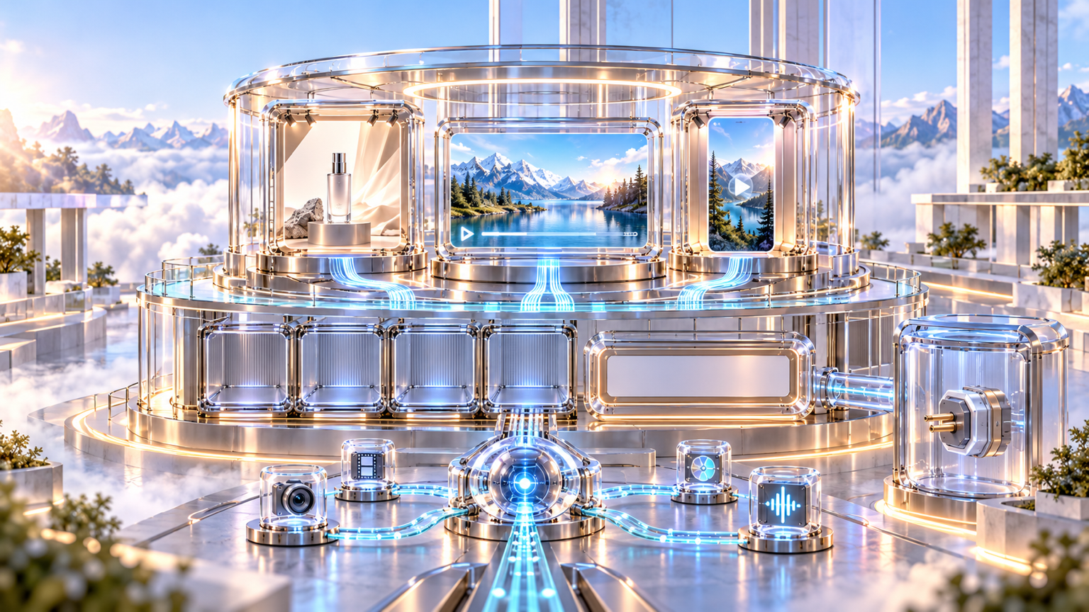 A hosted creative hub produces product images, video, and reels through an assistant gateway while model bays, price meters, and the promised editing-plugin connector remain blank or sealed.