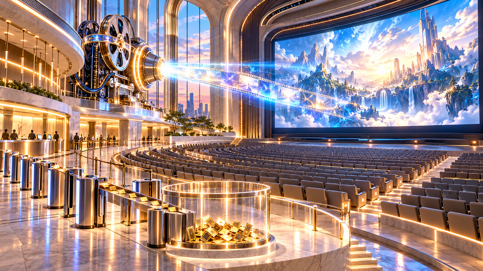 An ambitious synthetic feature fills a vast premium cinema while empty seats, a thin paid-ticket stream, and a barely filled revenue vessel show weak audience demand.