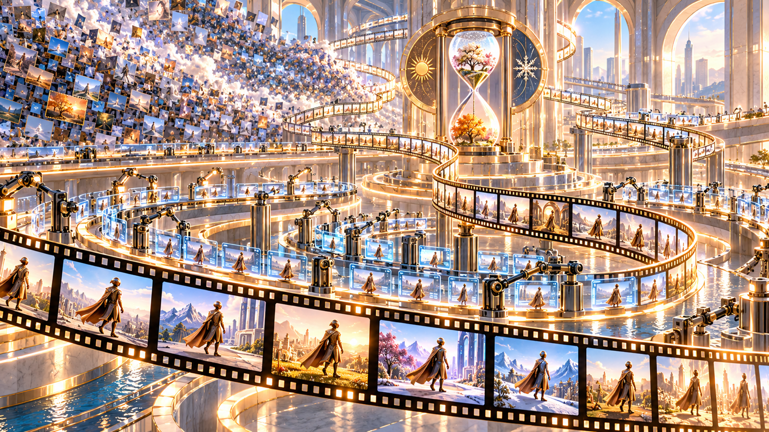 A stable figure travels through an immense finished film ribbon while countless discarded images, repeated inspection loops, and a seasonal clock reveal the hidden labor of long-form consistency.