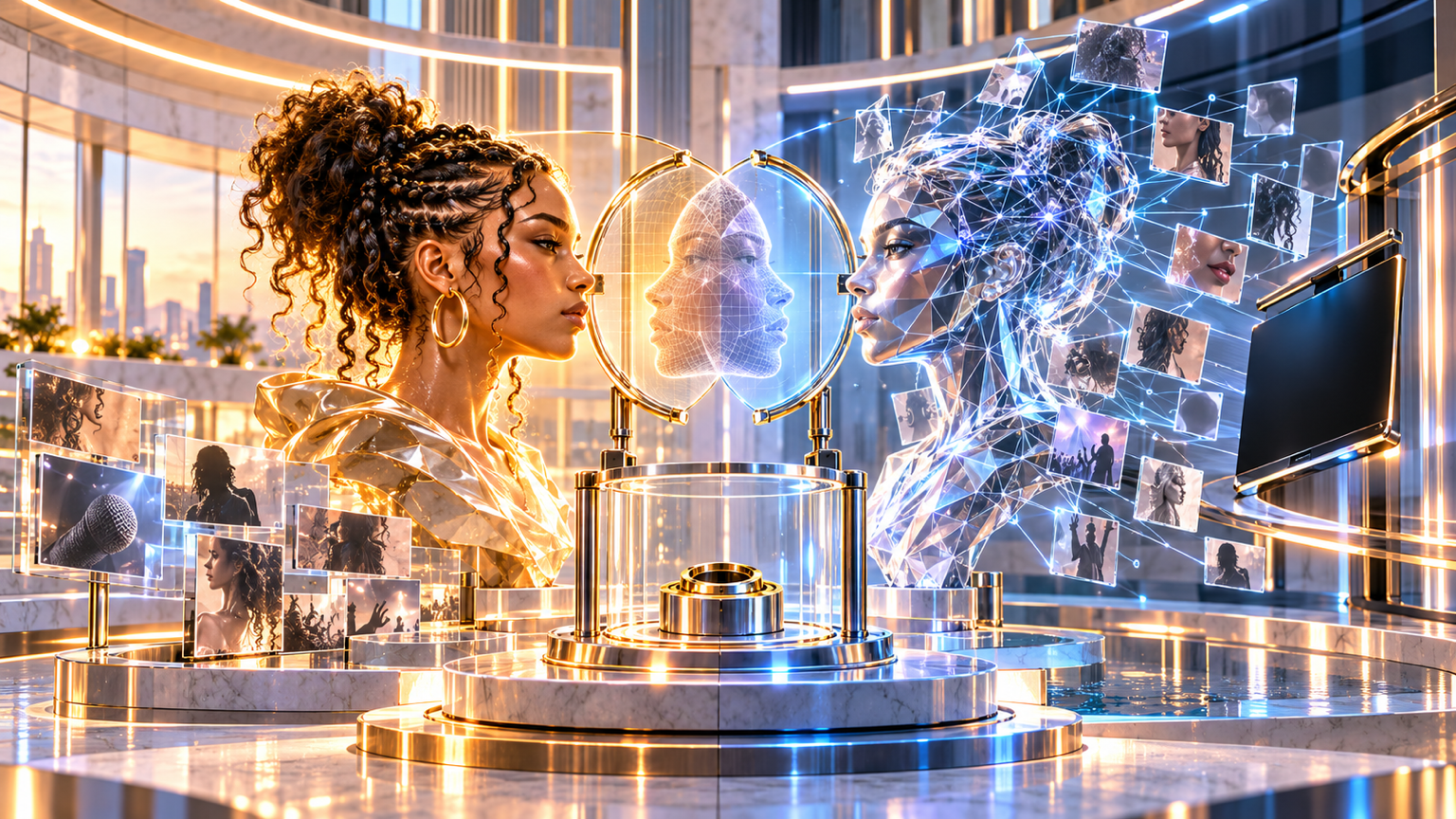 A fictional human performer and a reference-built synthetic double overlap inside a forensic comparison lens while the consent socket remains empty and the disputed video retracts from display.