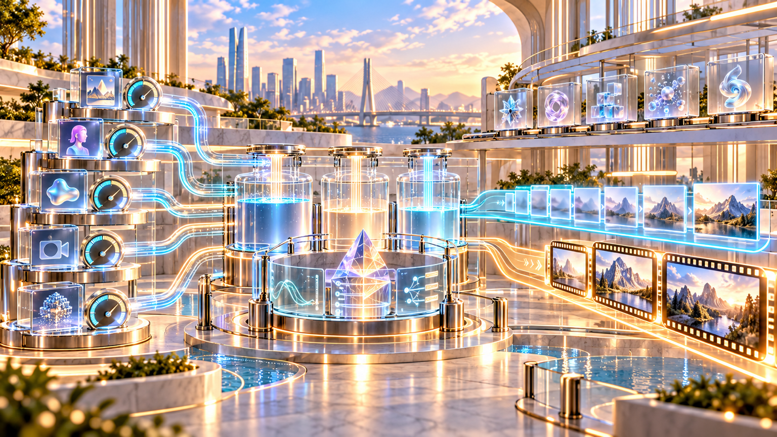 Multiple model engines pass through per-second meters, capped credit reservoirs, and separate draft and final-quality lanes on one studio operations deck.