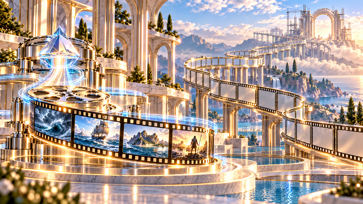 A completed mythic short-form reel emerges from a generative prism while an enormous mostly blank feature-length path climbs toward an unfinished deadline gateway.