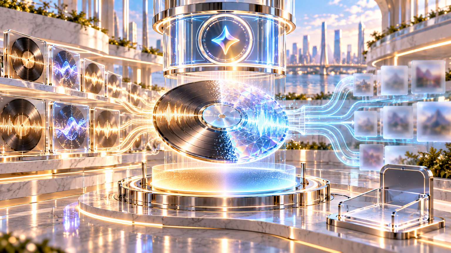A hybrid human-and-generative song reaches a classification seal above a blurred threshold while the dispute port is empty and recommendation routes disappear behind frosted glass.