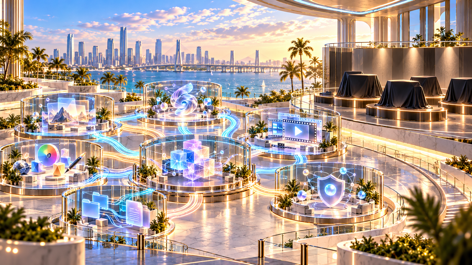 A Miami Beach conference campus maps AI-heavy session themes across connected rooms while every product-announcement case remains sealed and unopened.