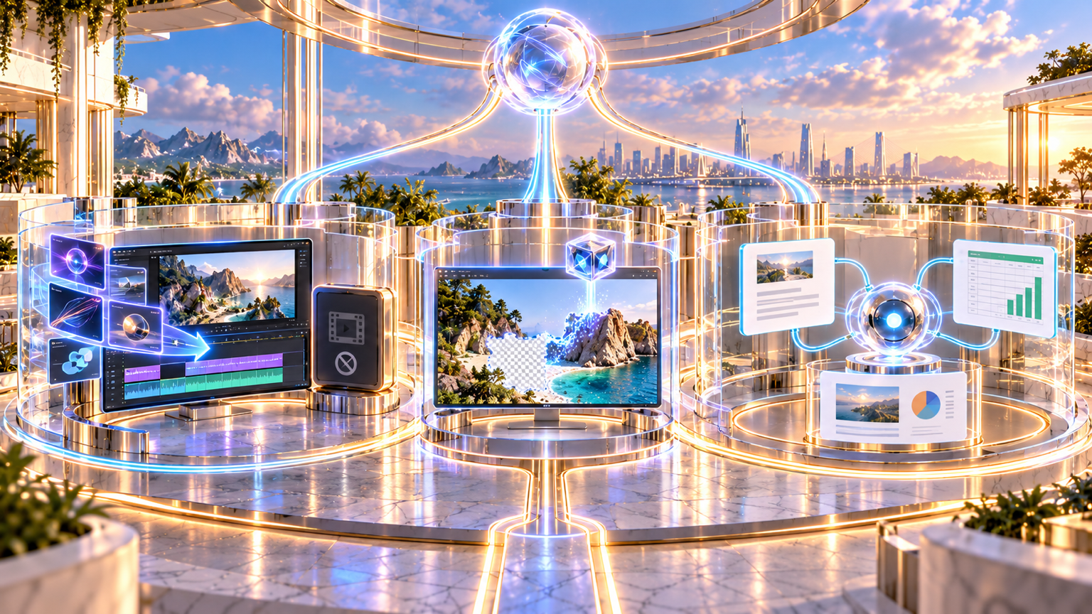 Three connected creator-suite bays separate motion-graphics templates in the video timeline from generative still-image filling and assistant-connected productivity documents, with video generation visibly sealed off.