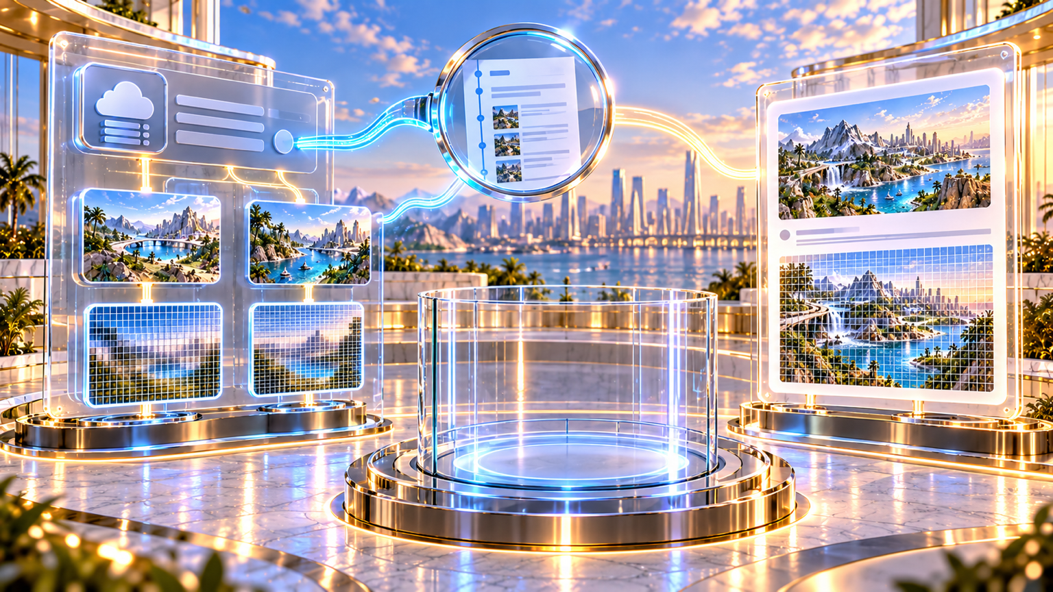 Moderate-density platform-listing grids and a denser launch-sheet claim sit on separate provenance paths around an empty technical verification chamber.